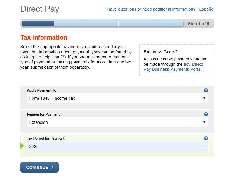 IRS Direct Pay Extension Tax Year 2025