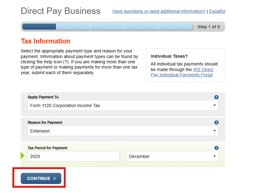 IRS Direct Pay Business Tax Information