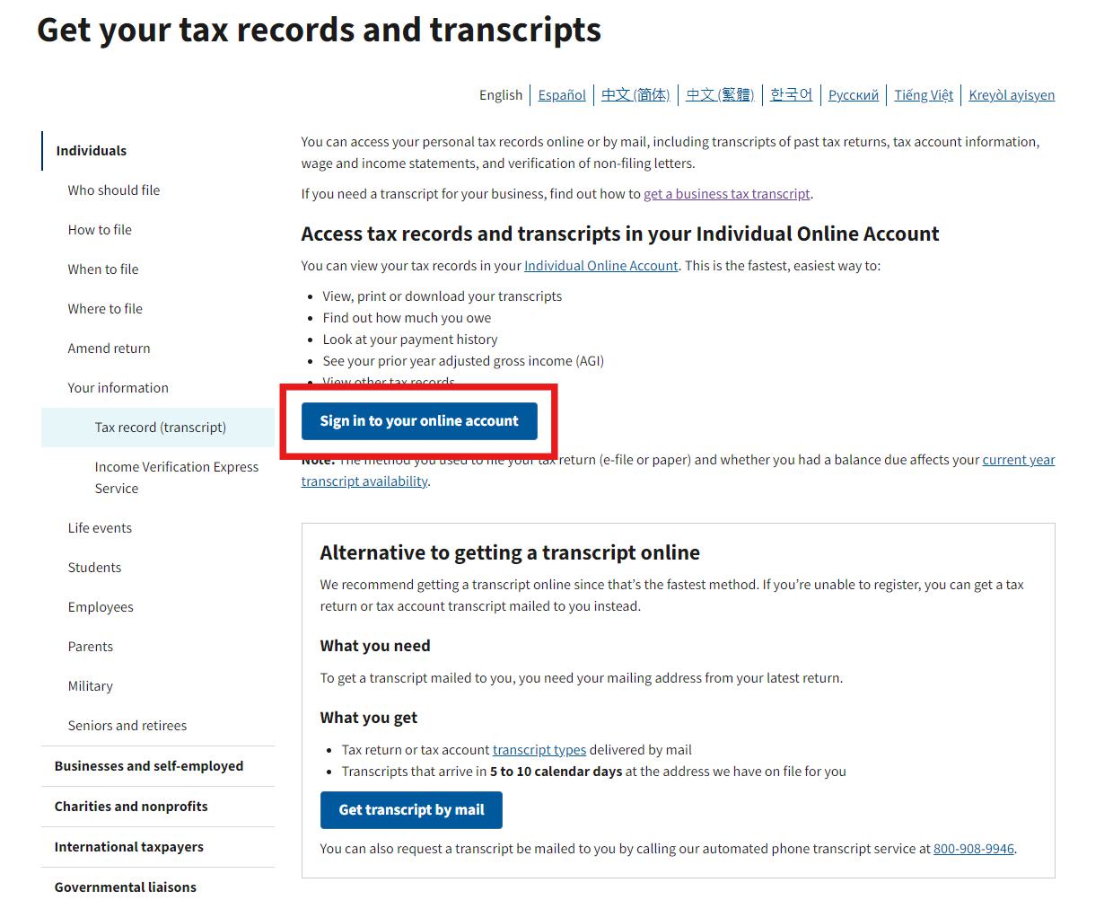 IRS Website Get Transcripts